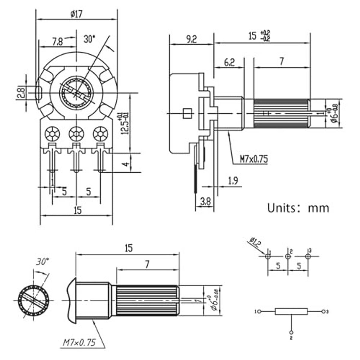 Rotary potentiometer technical dimension drawing with shaft and 3-pin layout (mm)