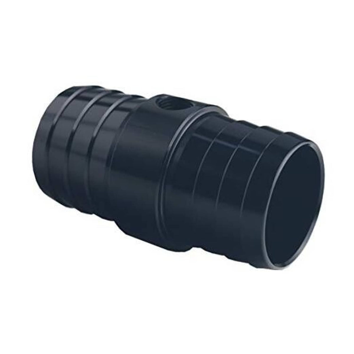 Black radiator hose adapter with flared end and ribbed cylindrical body