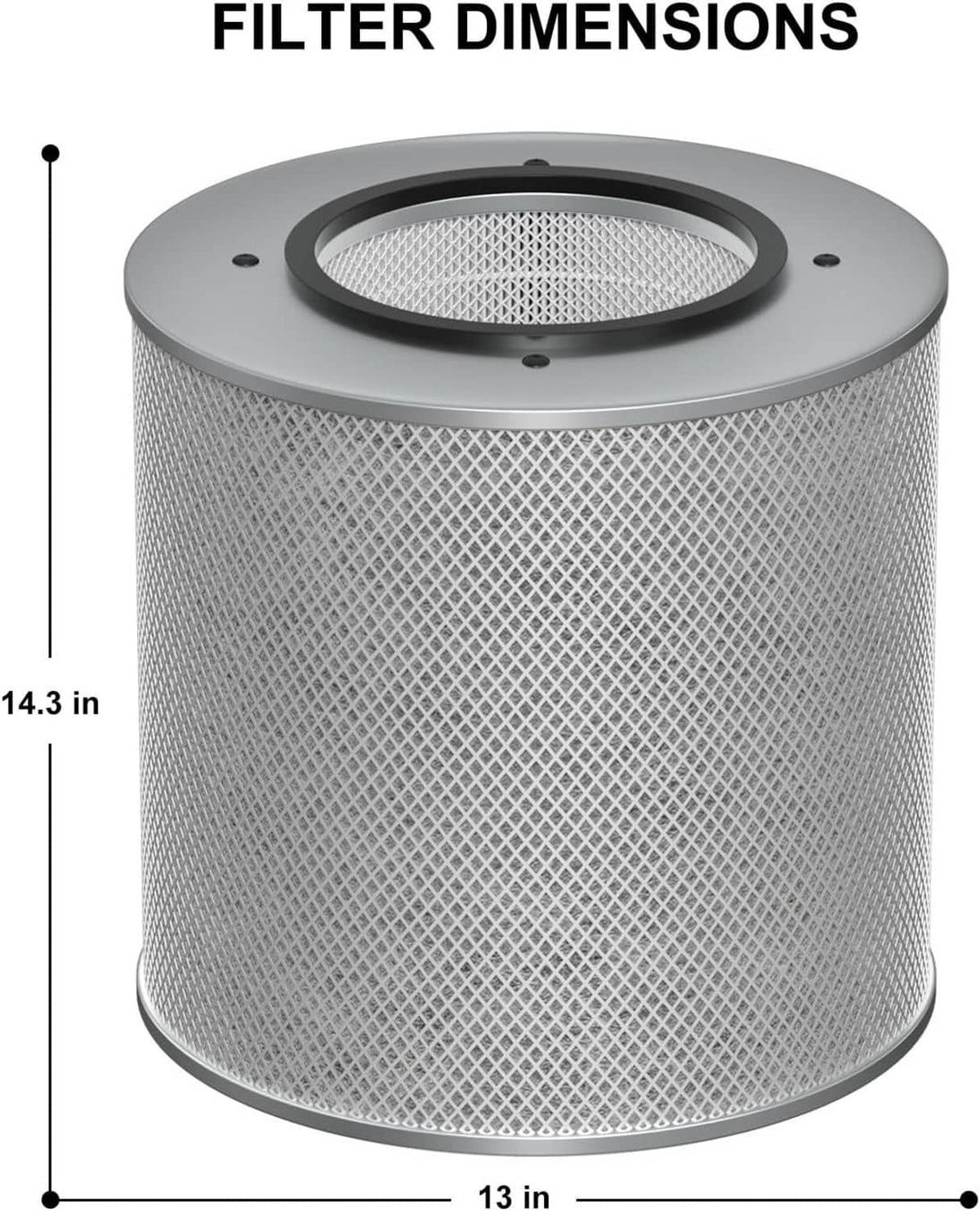 Gray cylindrical air filter replacement with circular top and measurement arrows.