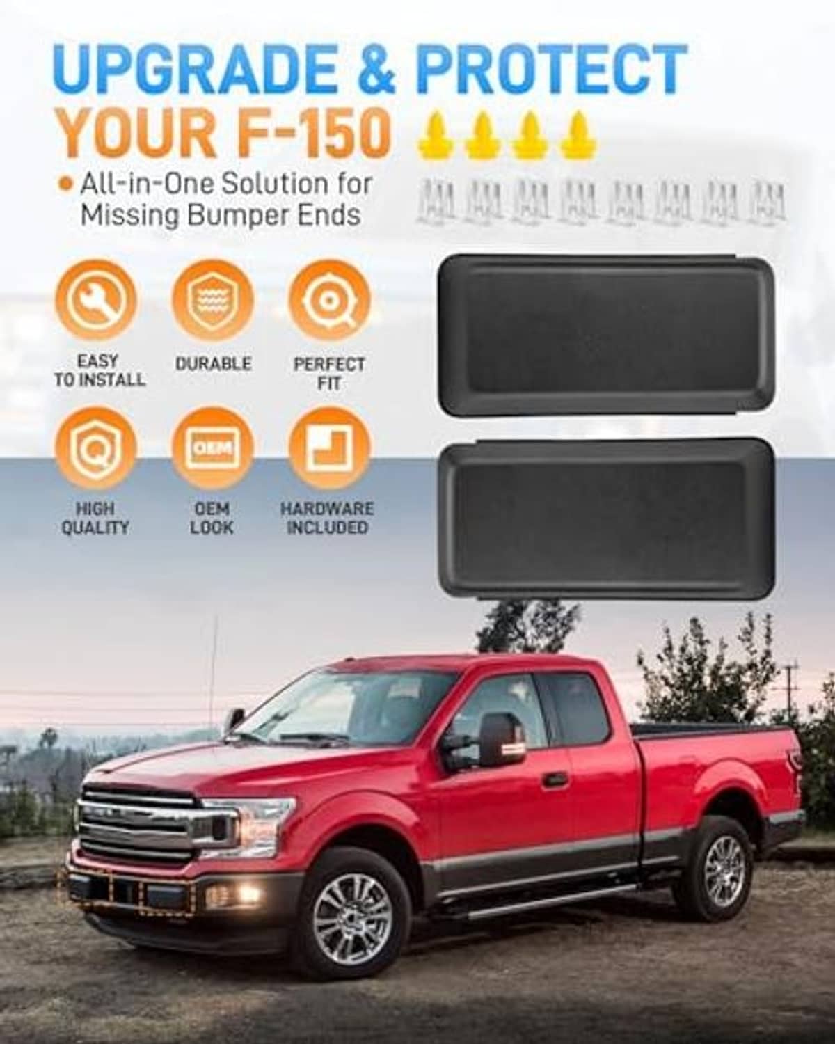 Two black front bumper guard pad covers with included mounting hardware and clips