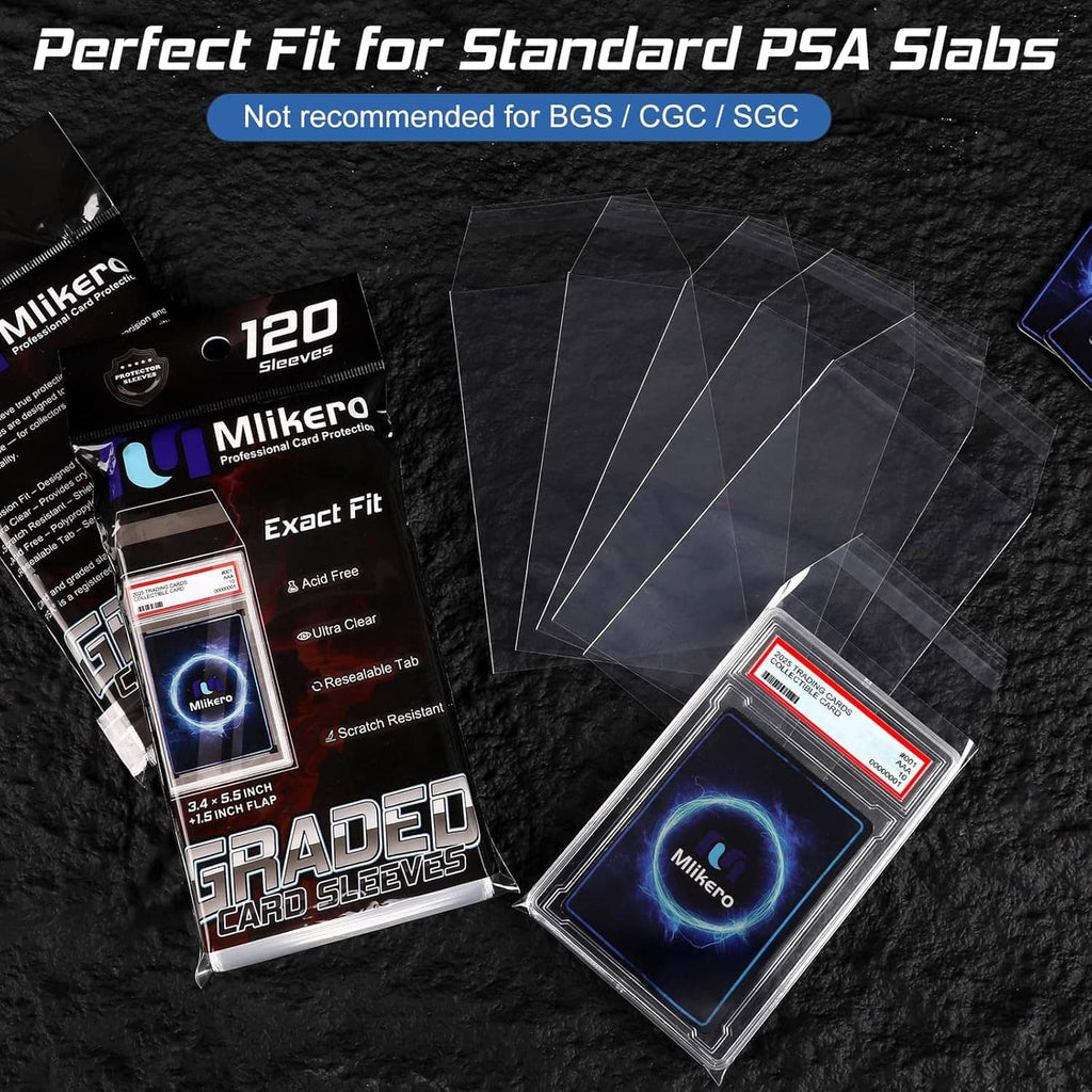120 graded card sleeves with clear sleeves, shown in packaging and stacked sleeves