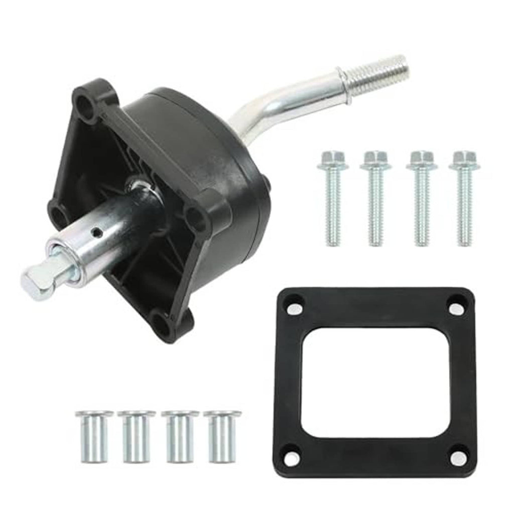 5-speed shifter tower kit set with black housing, silver rod, bolts, and square mounting plate