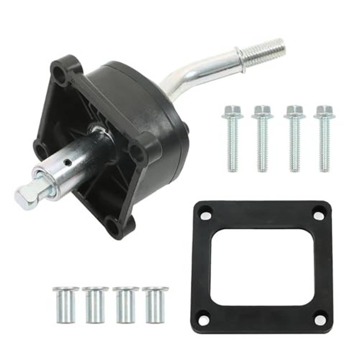 5-speed shifter tower kit set with black housing, silver rod, bolts, and square mounting plate