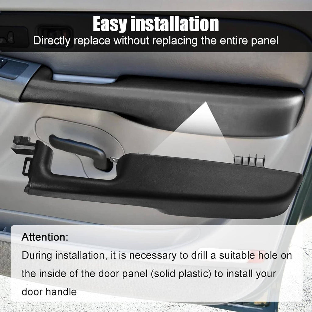 Black front door armrest handle with drill-hole area shown inside the door panel