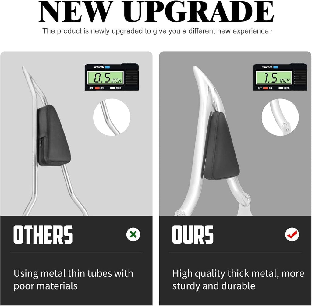 Chrome sissy bar backrest with black pad and comparison sizing graphic