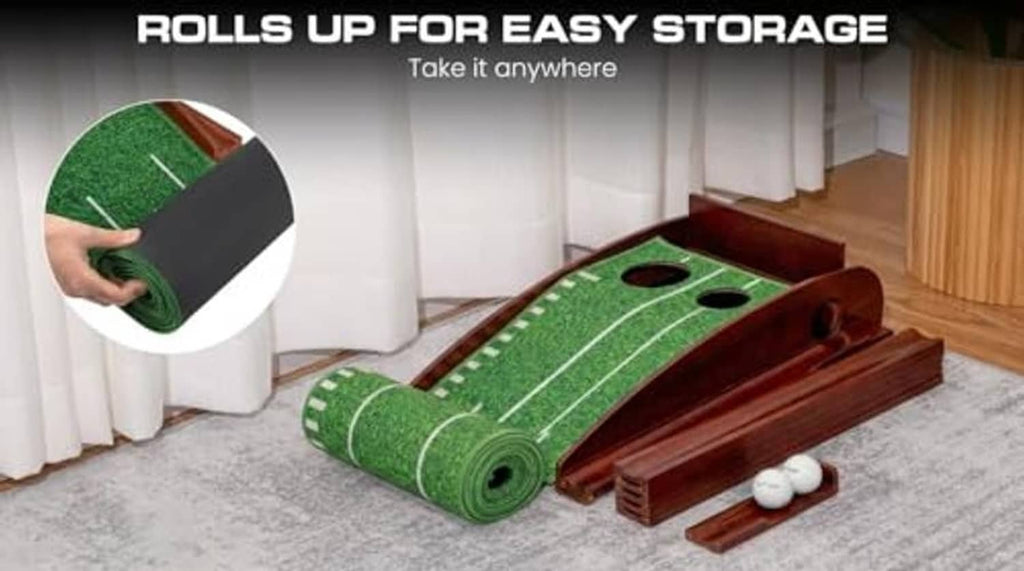 Indoor putting mat rolled up for storage, green surface with alignment lines and cups