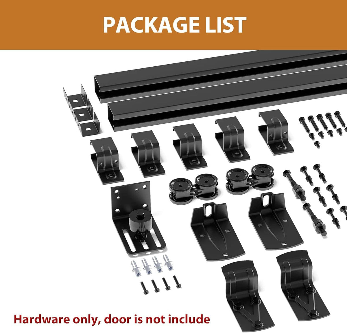 Barn door hardware kit parts assortment with brackets, rollers, and screws