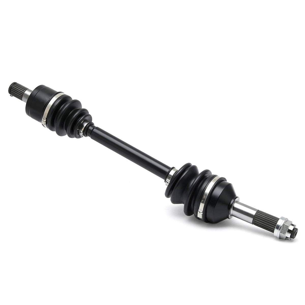 Rear CV axle shaft assembly in black with metal splined ends and rubber boots