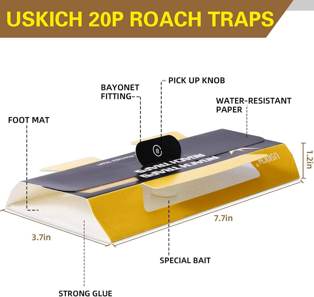 Yellow and black roach trap with labeled parts, including water-resistant paper