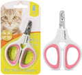 Pet nail clipper set with pink finger grips and curved metal blades, shown on retail package