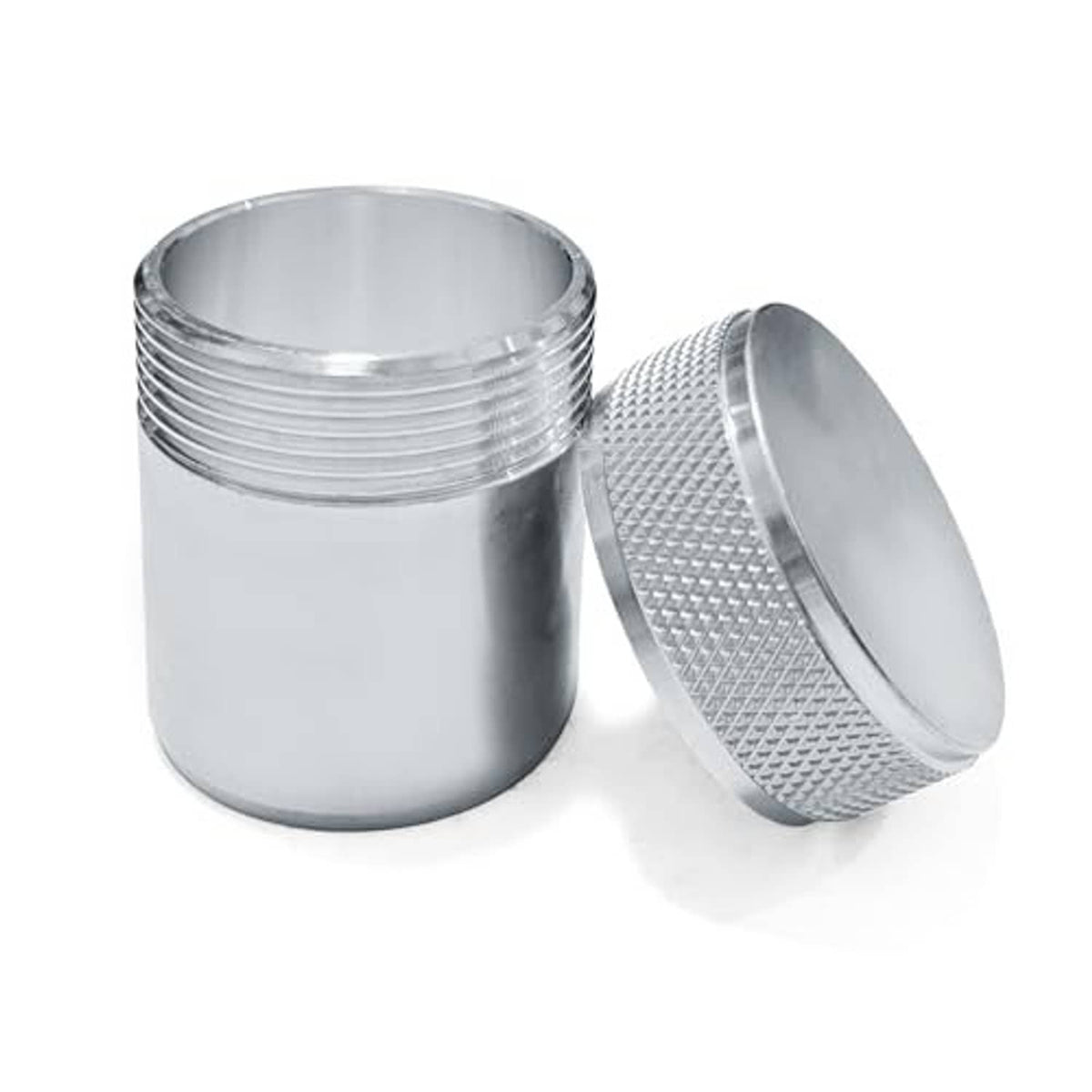 Aluminum fuel tank filler neck bung with vented cap, angled view