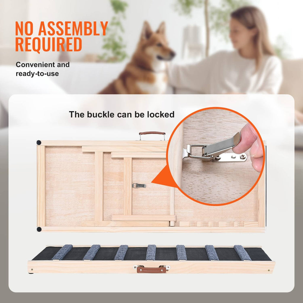 Foldable pet ramp with lockable buckle mechanism and dark anti-slip step pads