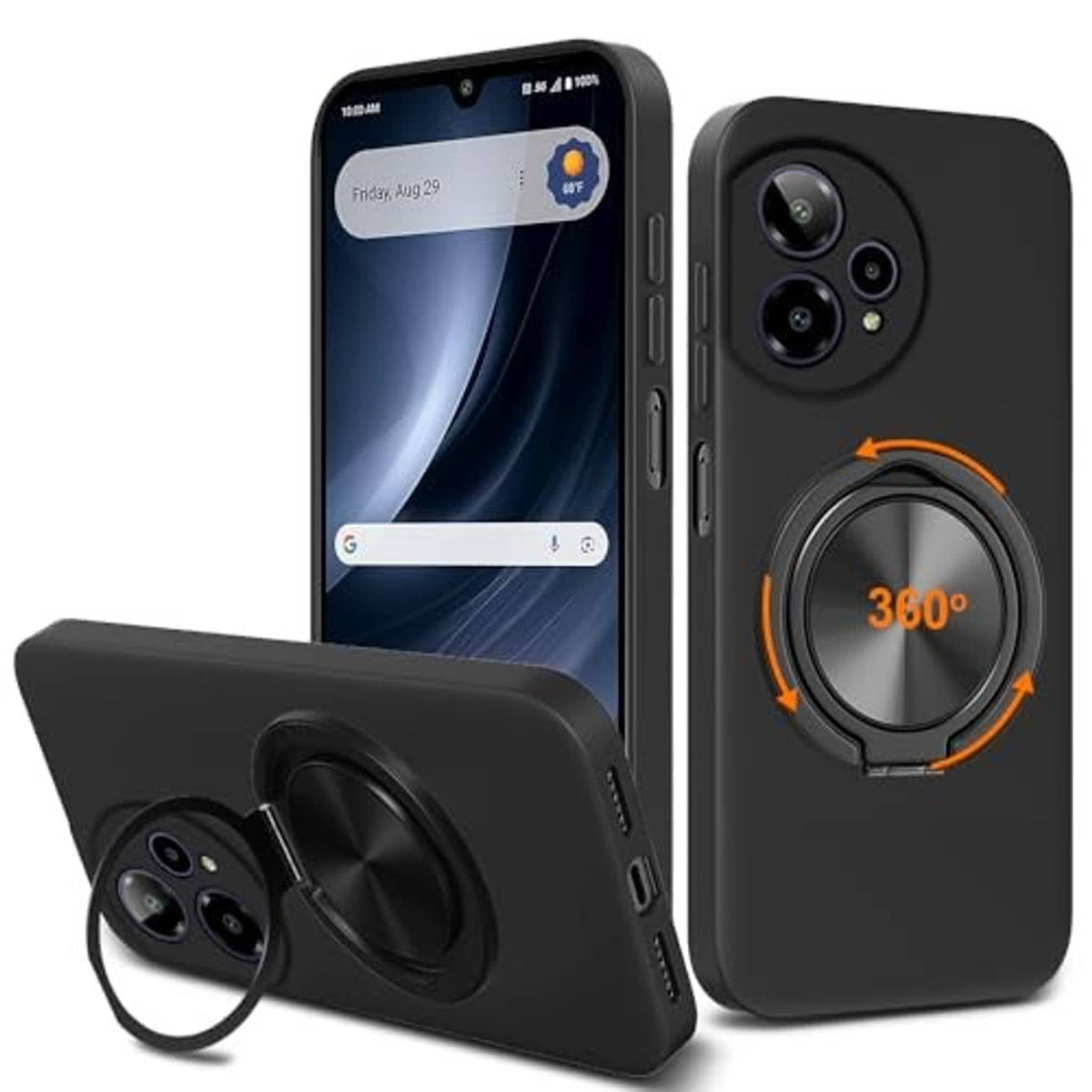 Black smartphone case with 360 ring holder, camera openings, and raised edges