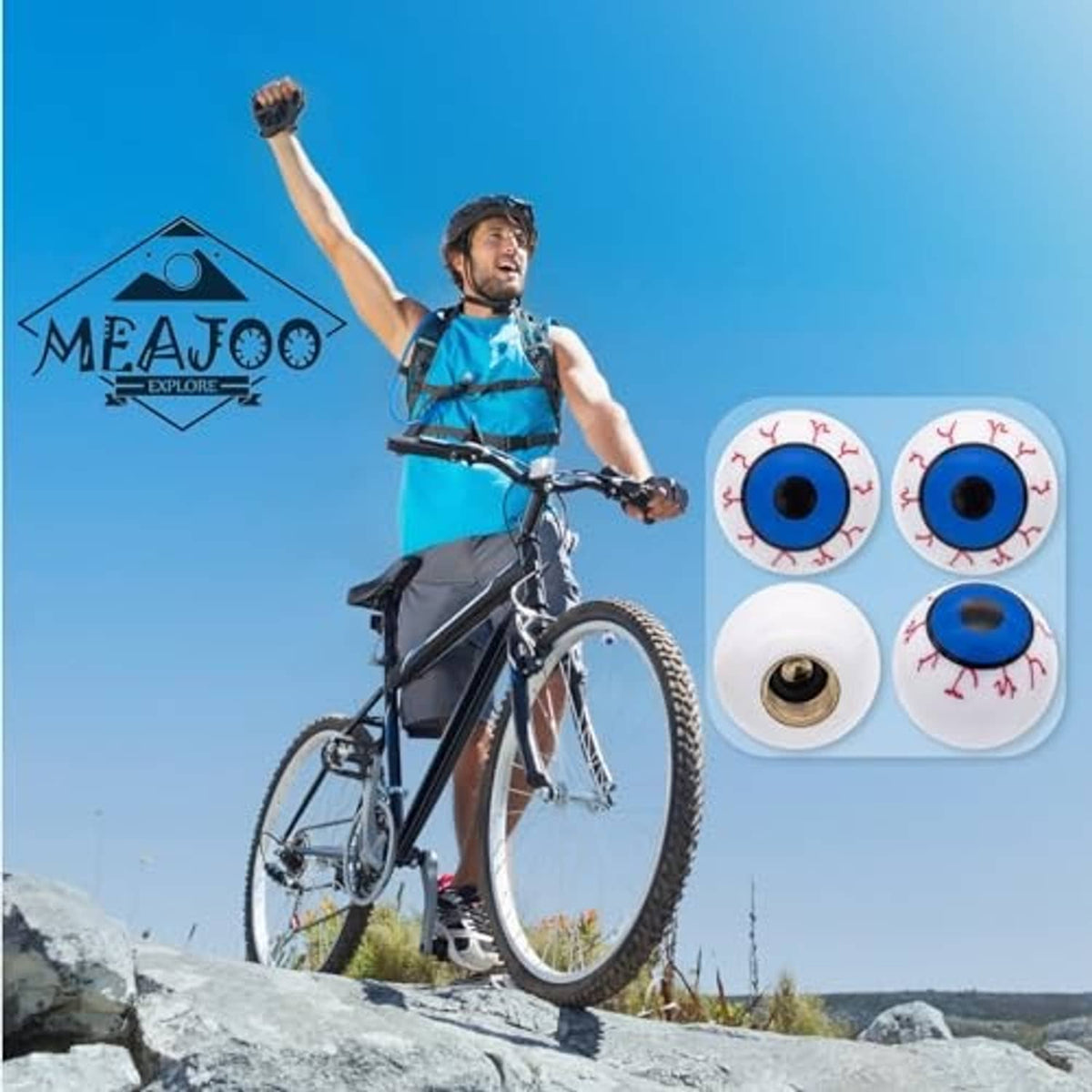 4-pack eyeball valve stem caps with white shells, red vein markings, and blue eye centers