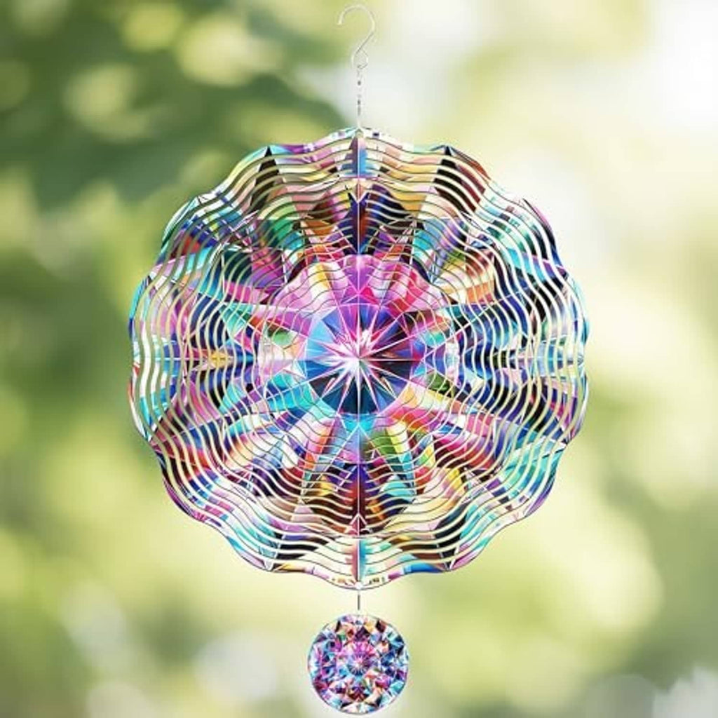 Rainbow 3D metal wind spinner pinwheel with hanging mini disc from a top hook