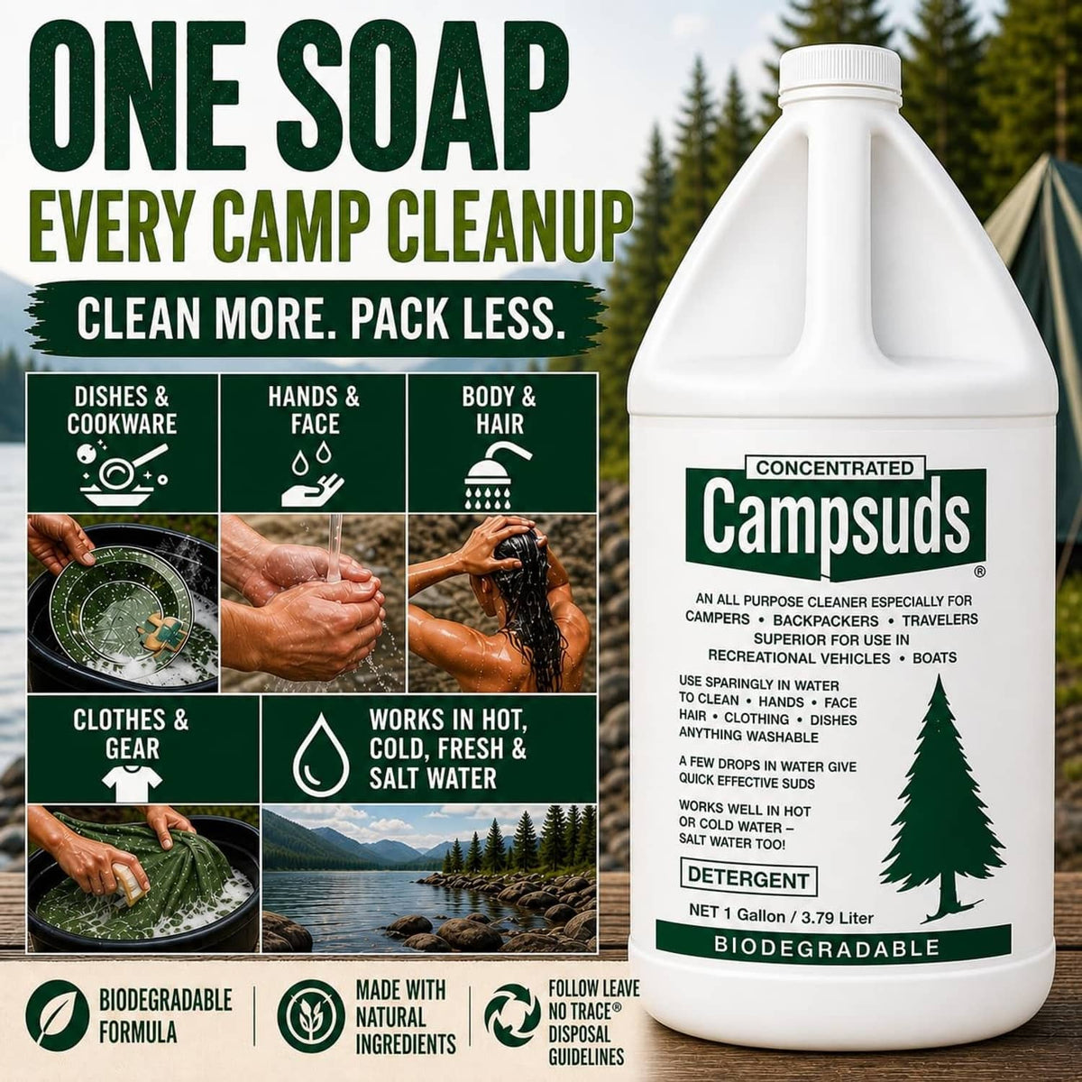Concentrated Campsuds biodegradable camping soap bottle with front label and use icons