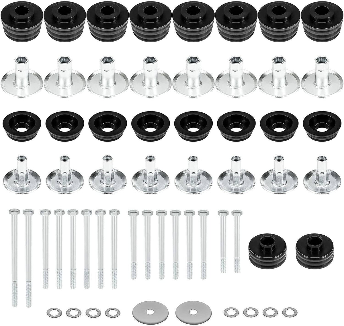 Black body cab mount bushing kit with round bushings, steel bolts, and washers