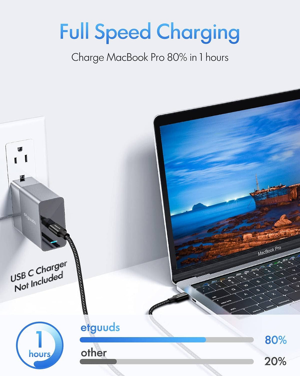 Black USB-C charging cable connected to a laptop and wall adapter port.