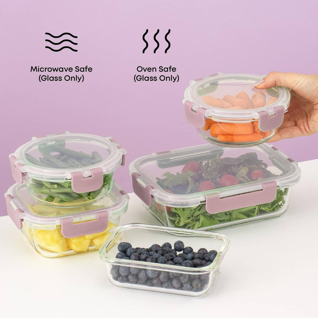 Borosilicate glass meal prep containers with BPA-free lids; microwave and oven safe icons