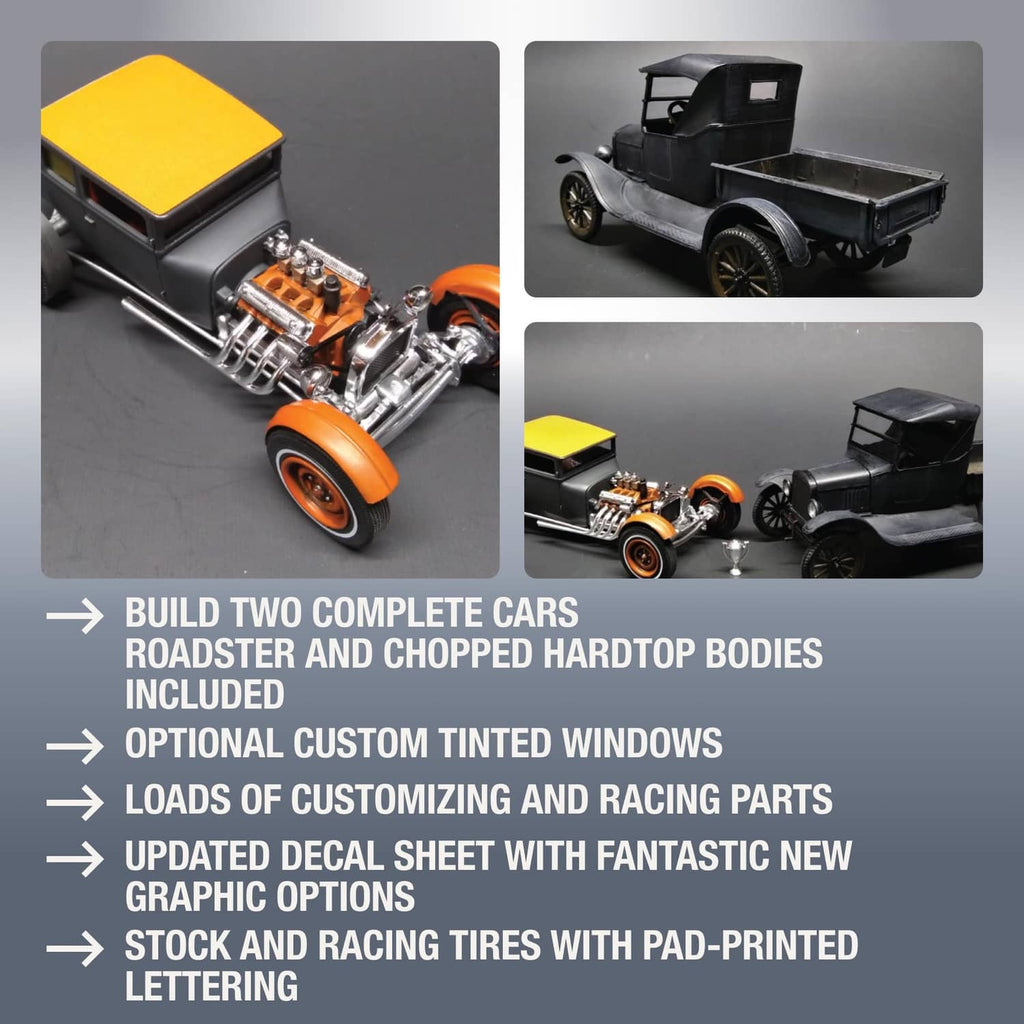 Chopped 1925 Ford T model kit showing black body, yellow hood, and orange wheels
