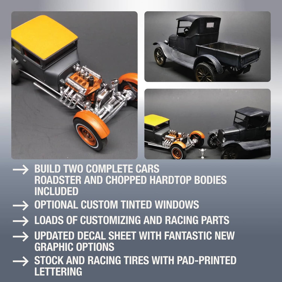 Chopped 1925 Ford T model kit showing black body, yellow hood, and orange wheels