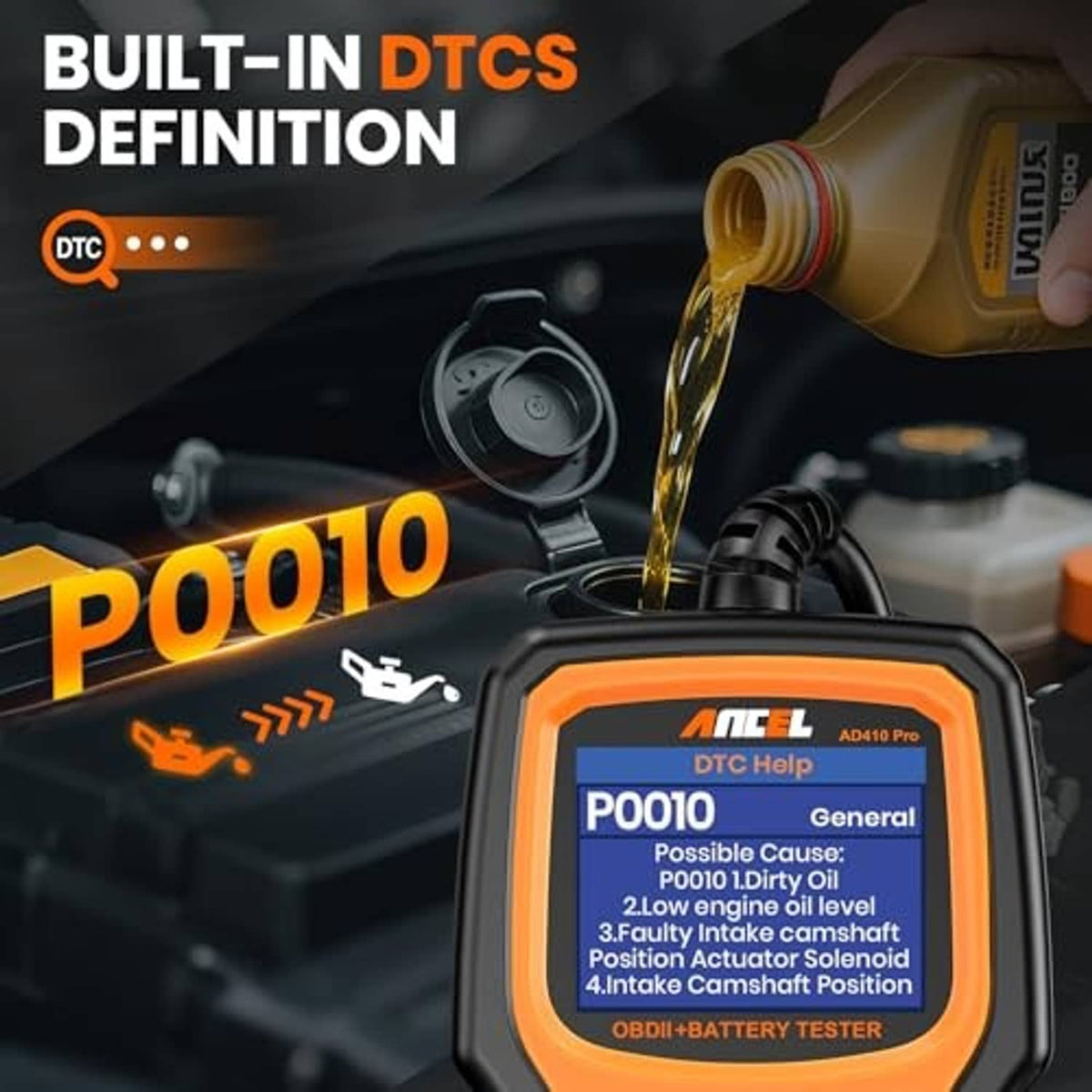 Orange and black OBD2 scanner and battery tester showing diagnostic code P0010 on-screen