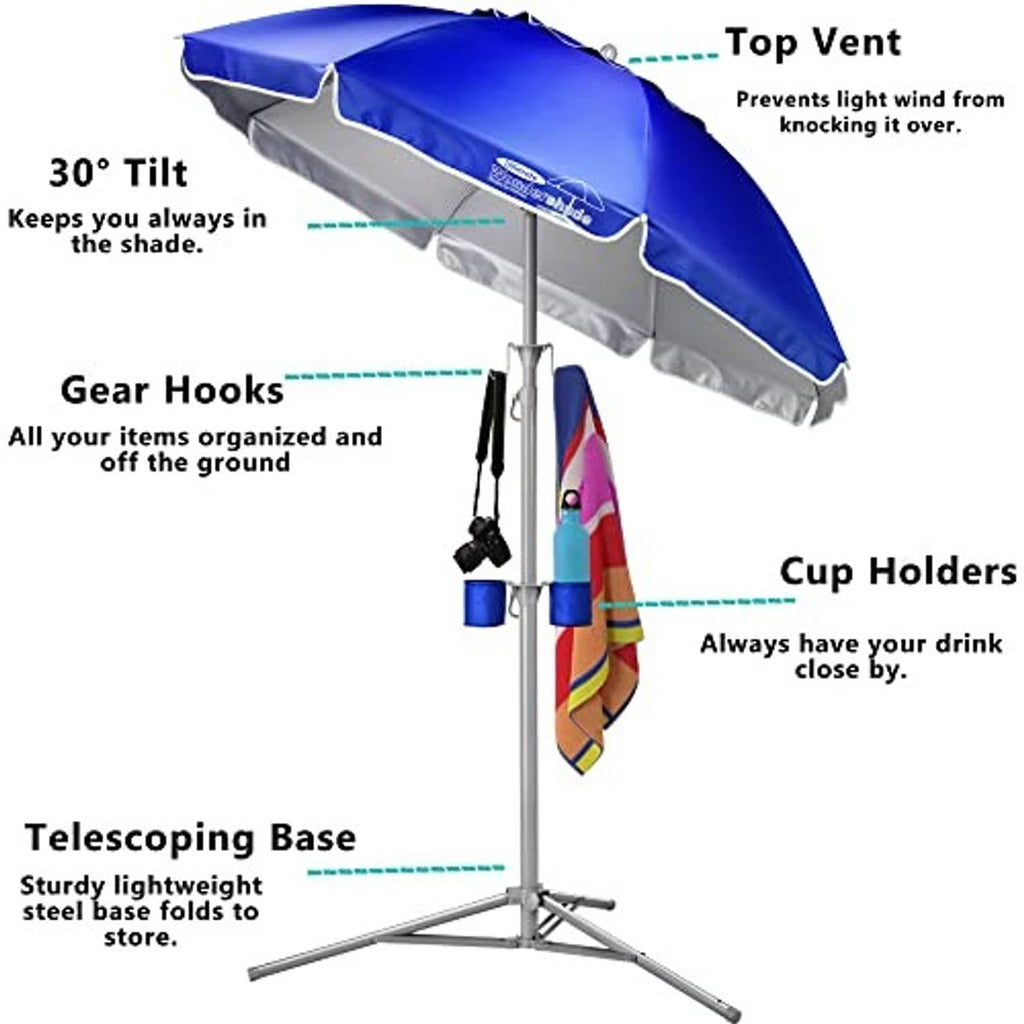Royal blue sun shade umbrella with top vent, gear hooks, and cup holders on tripod pole
