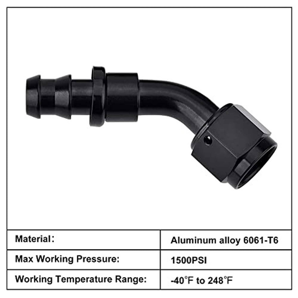 Black 45-degree push-lock fitting; aluminum alloy 6061-T6; 1500 PSI; -40 to 248 F