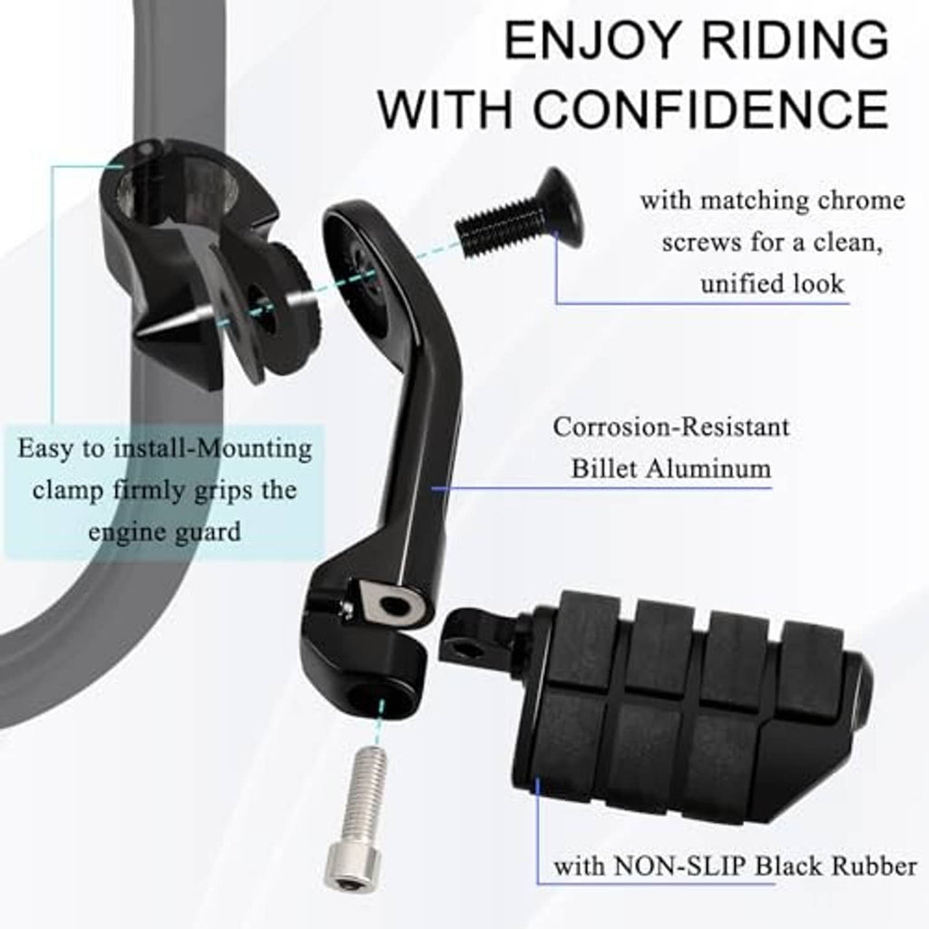 Black highway foot pegs with angled mounts, non-slip rubber pads and mounting clamp