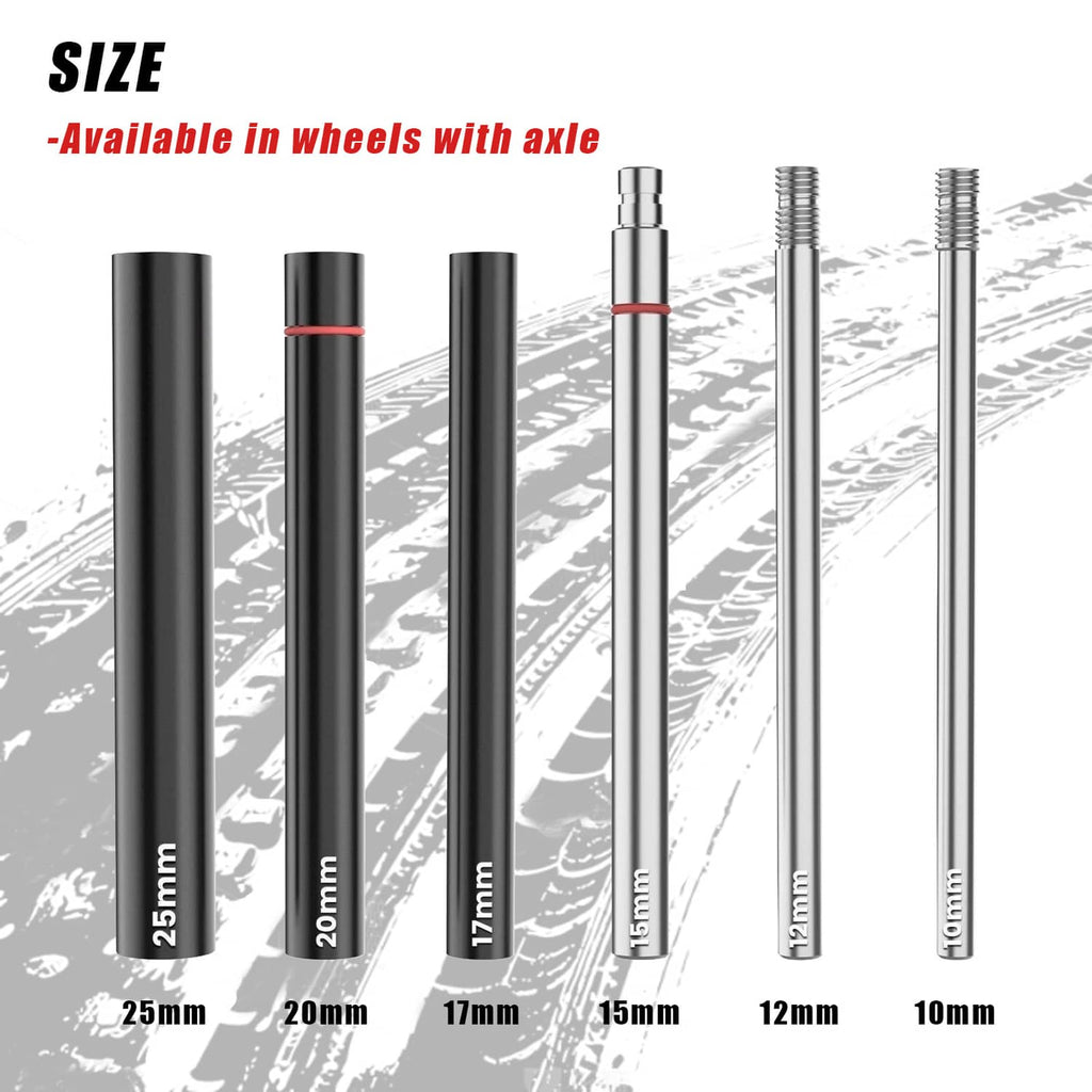 Tire changing tool axle rods and sleeves in multiple sizes, black and silver