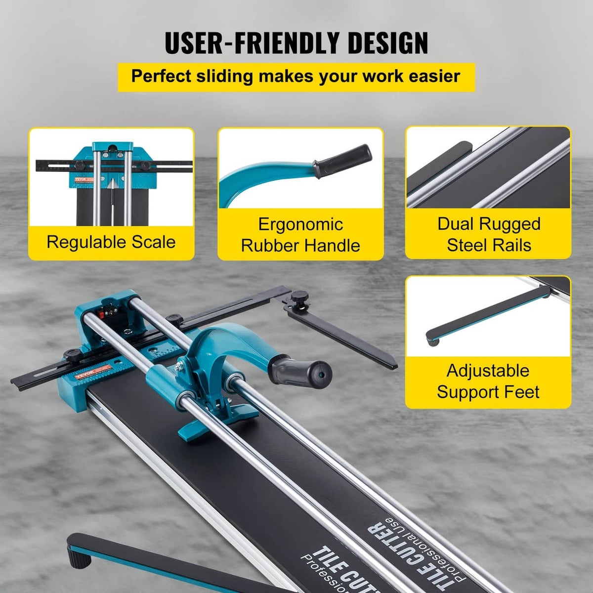 Manual tile cutter with ergonomic rubber handle, dual steel rails, and support feet