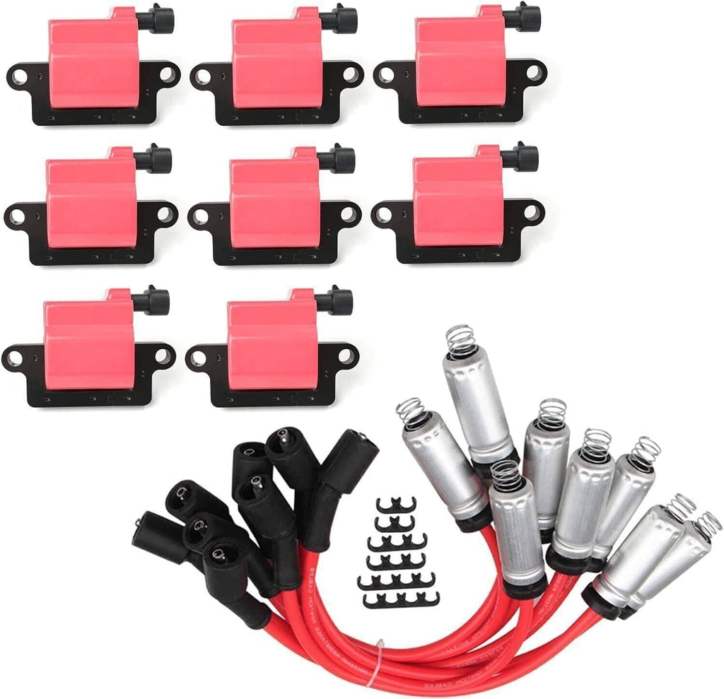 Ignition coil set with red square coils, black boots, and red wire harness