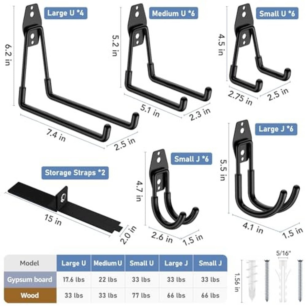Wall mount garage hook size chart showing Large U, Medium U, Small U, Large J, Small J