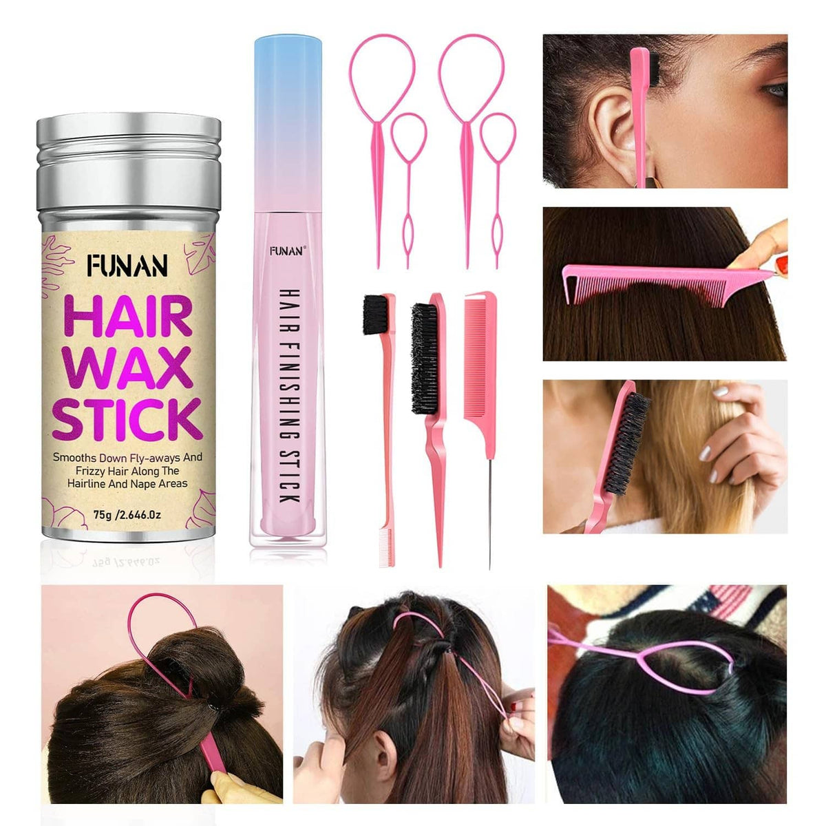 FUNAN hair wax stick set with pink tube, combs, and applicator tools