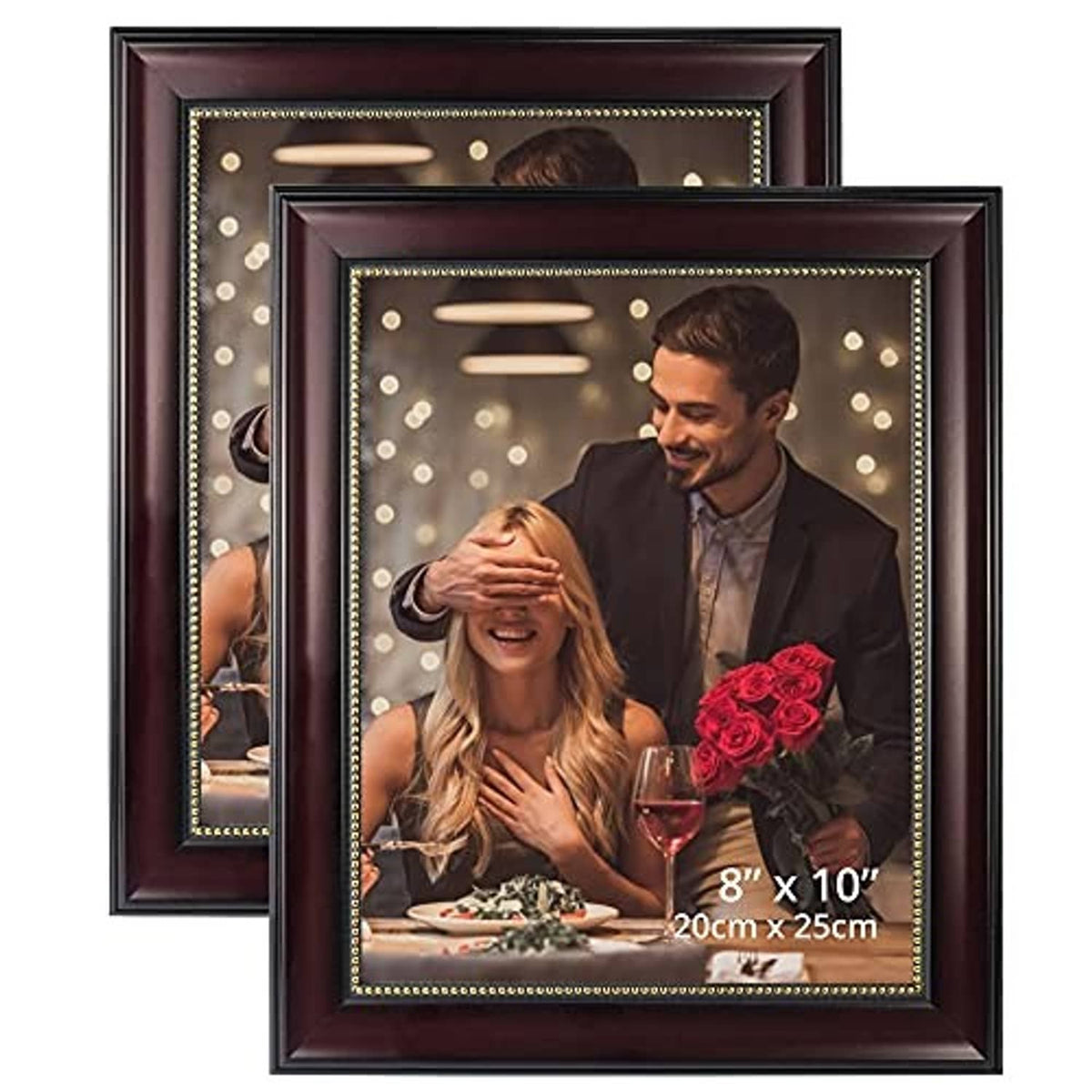 Dark brown wooden photo frame with glowing lights around the inner border, front view