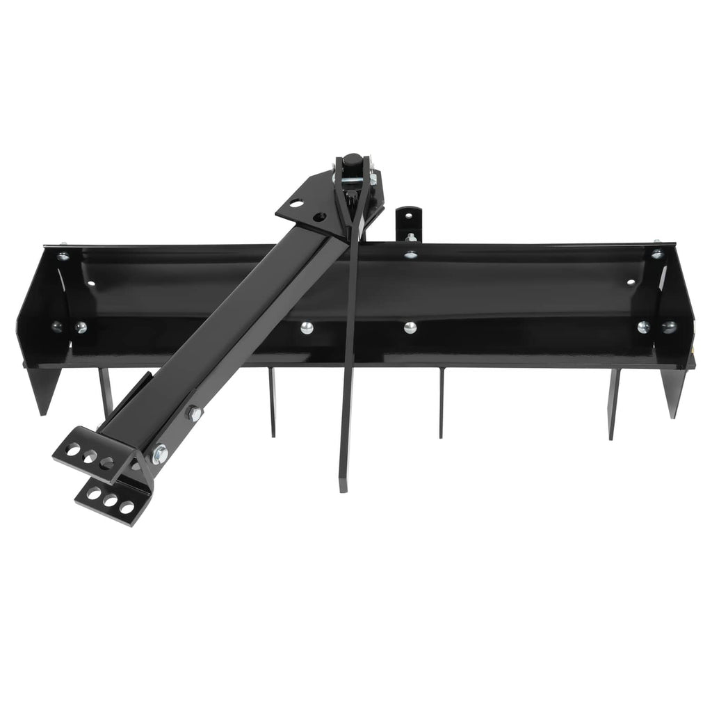 Tow-behind box scraper blade with angled handle and multiple front cutting points