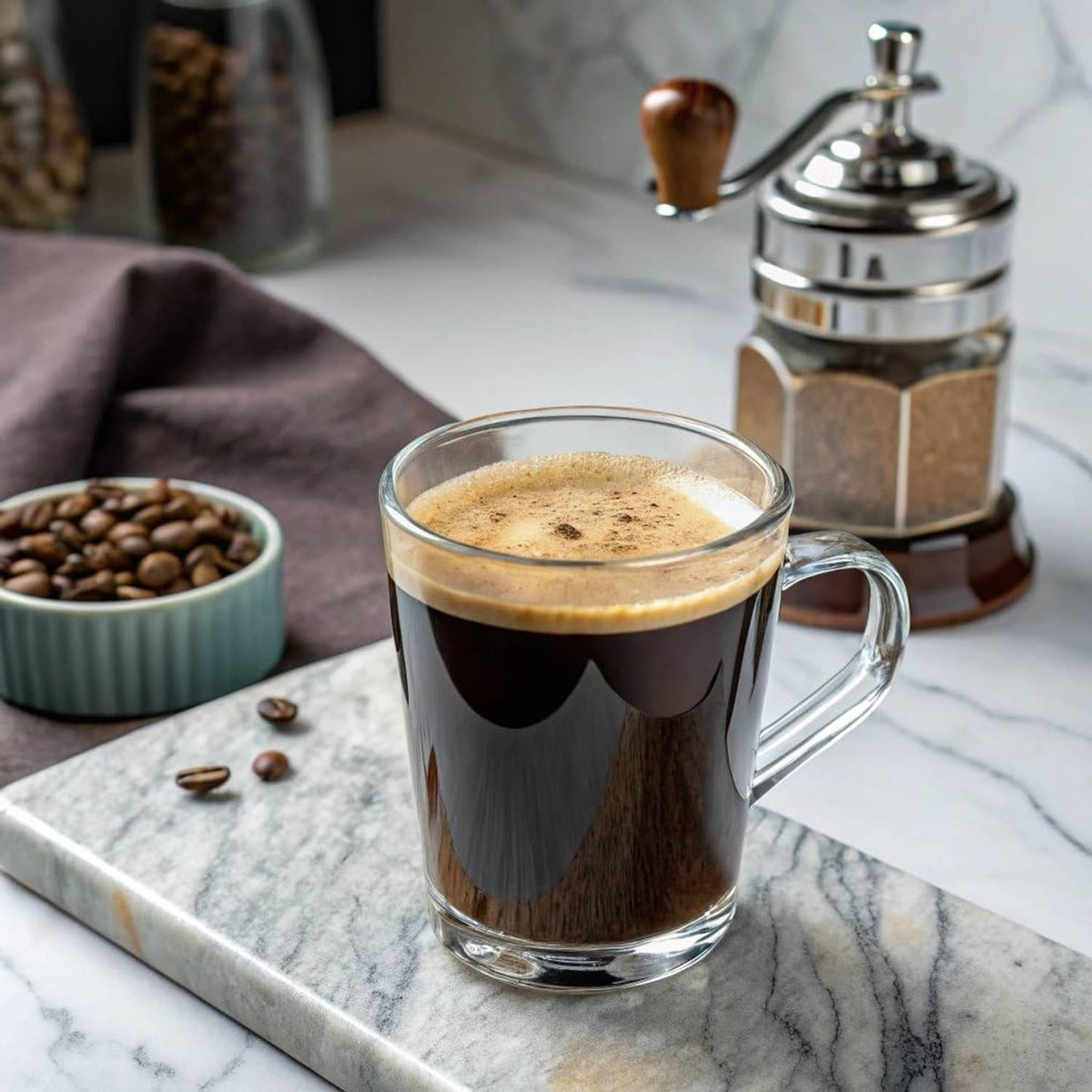 Glass mug of dark roast coffee with crema, with coffee beans and carafe in view