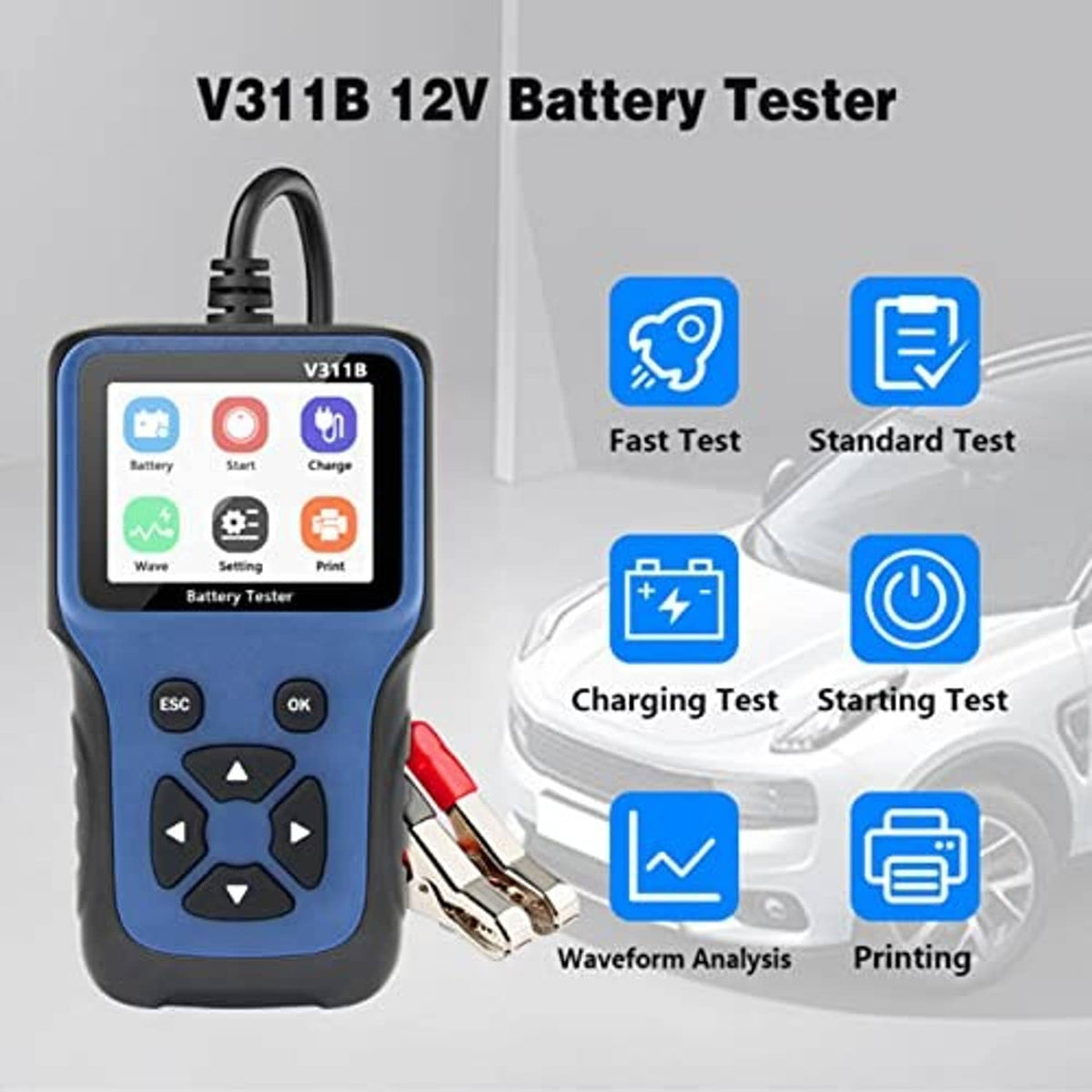 V311B 12V battery tester front view with on-screen test mode icons