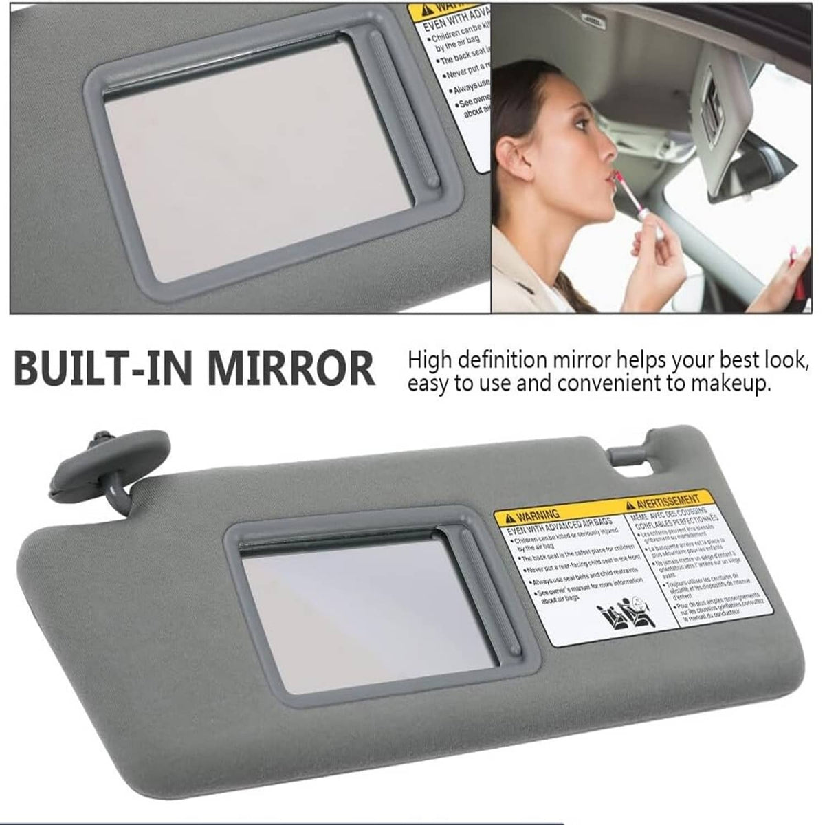 Gray sun visor set with built-in vanity mirrors and flip-down cover
