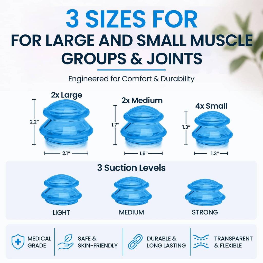 Blue silicone cupping cup set with size guide: large, medium, and small