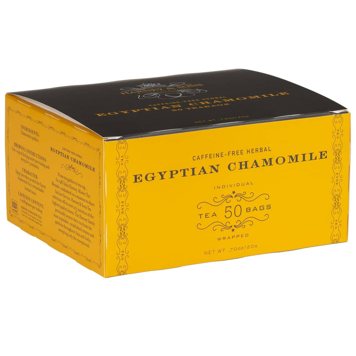 Harney & Sons Egyptian Chamomile herbal tea box, 50 tea bags, yellow and black