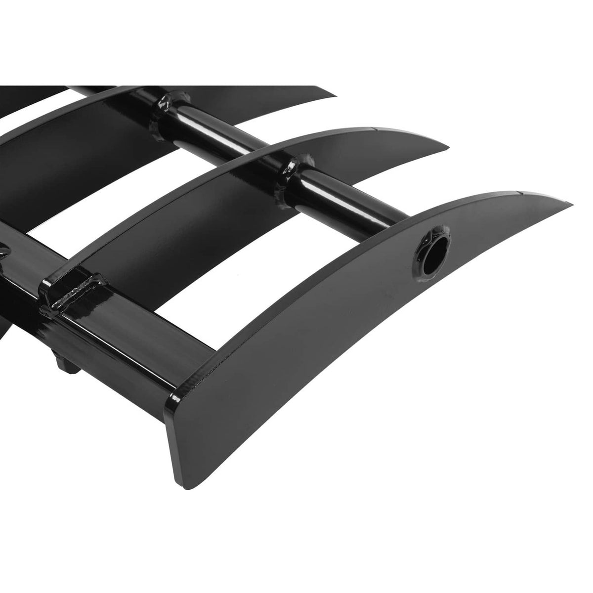 Mini excavator rake attachment, black frame with five wide curved teeth and bolt bar