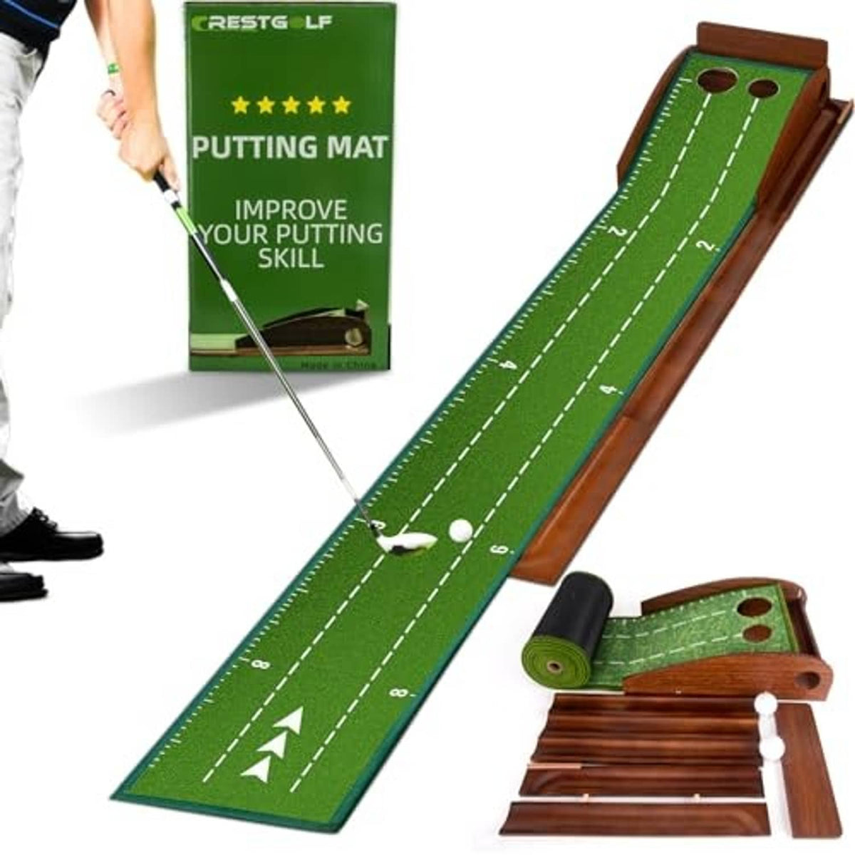 Indoor putting practice mat with green felt, white guide lines, and wooden return track