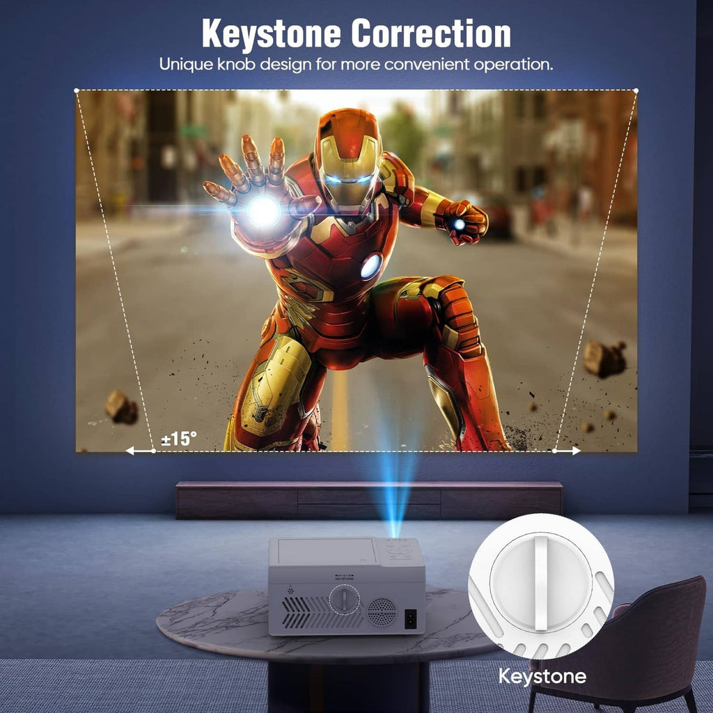 White mini projector on table with keystone correction alignment indicator
