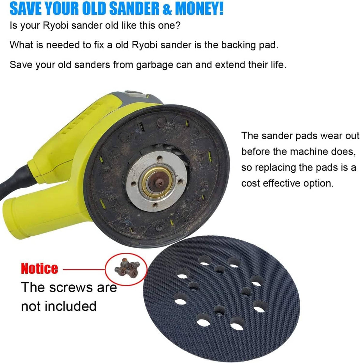Two-pack sander pads: worn black hook-and-loop backing and replacement disc