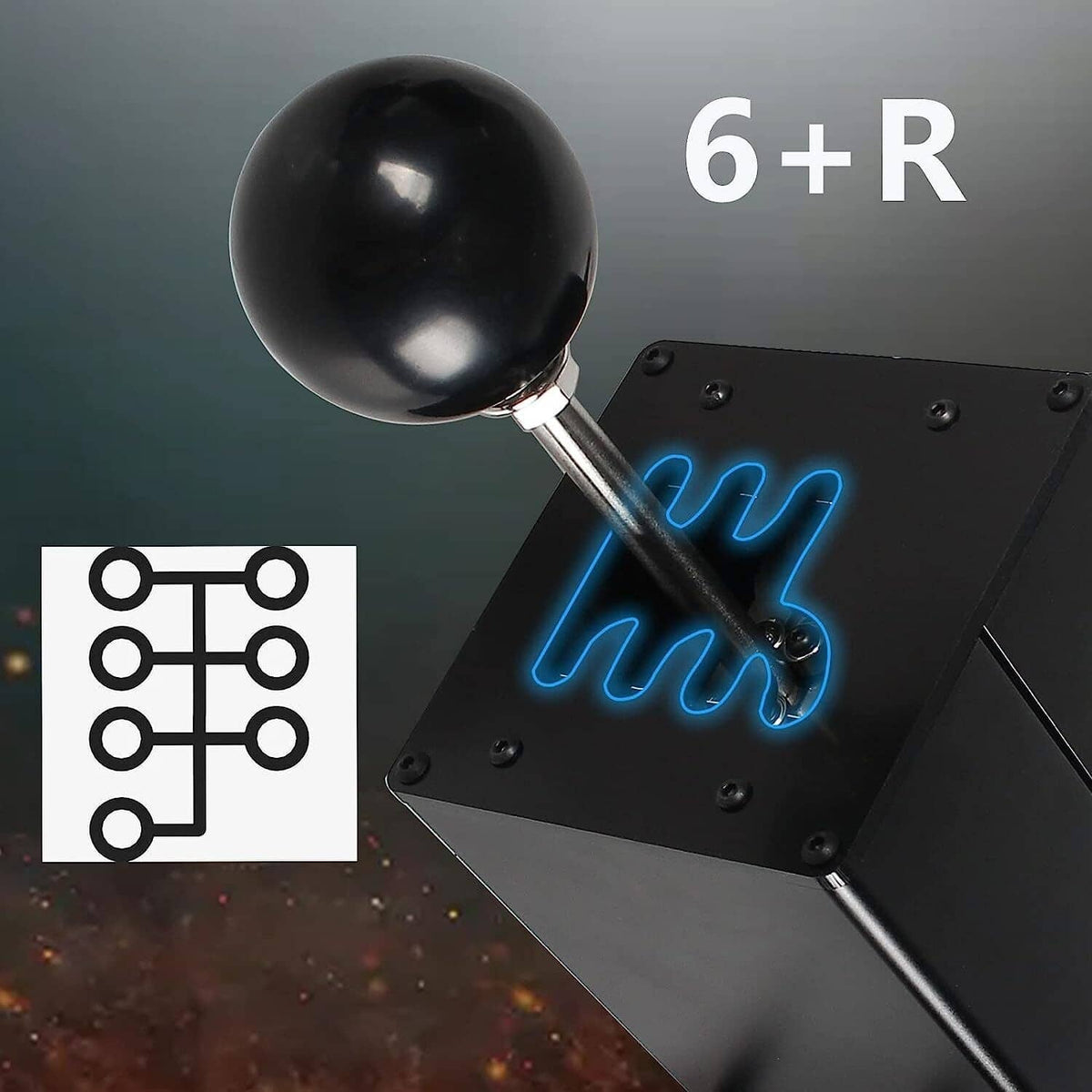 Black gear shifter base with round knob and glowing shift position indicator panel