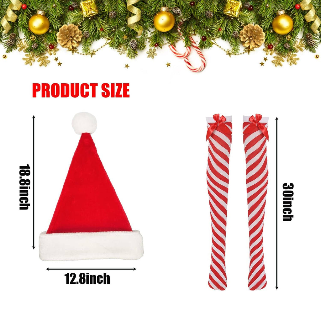 Red Santa hat with white trim and long candy-cane striped stockings, plush soft