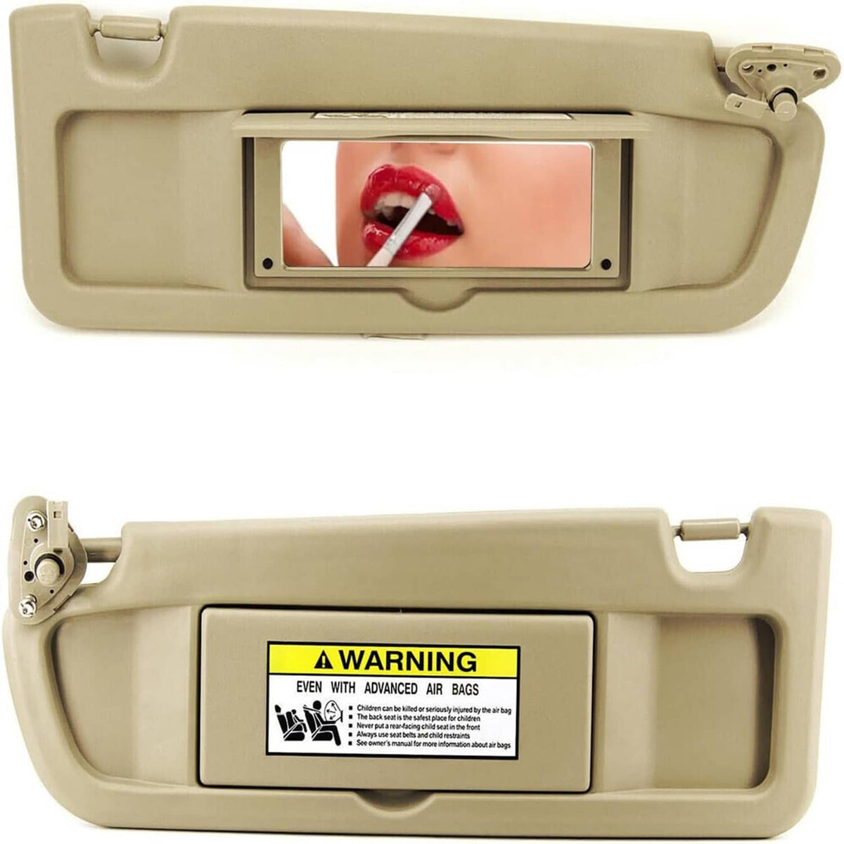 Beige car sun visor pair with warning labels and clip handles