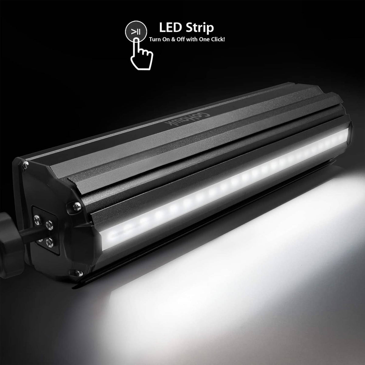 Black motorcycle Bluetooth speaker with bright white LED strip across the front.