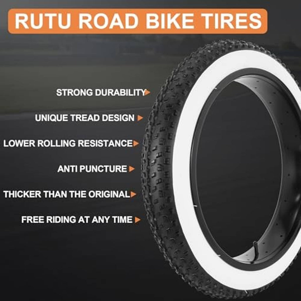 Black fat bike tire with white sidewall; deep tread for low rolling resistance